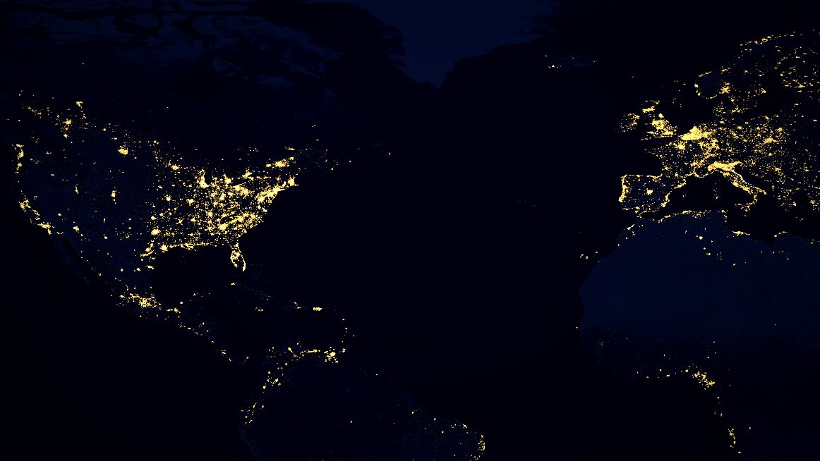 Night satellite view of the North Atlantic, from the United States to Europe