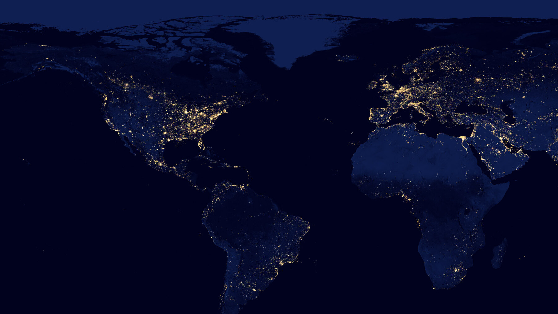 Night satellite view of North America, the North Atlantic and Europe